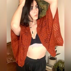 Terracotta Open-Knit Poncho-style Cardigan